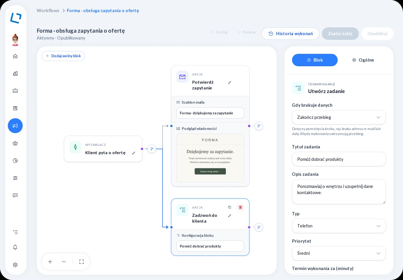 oroom.one visual workflow editor showing connected process steps