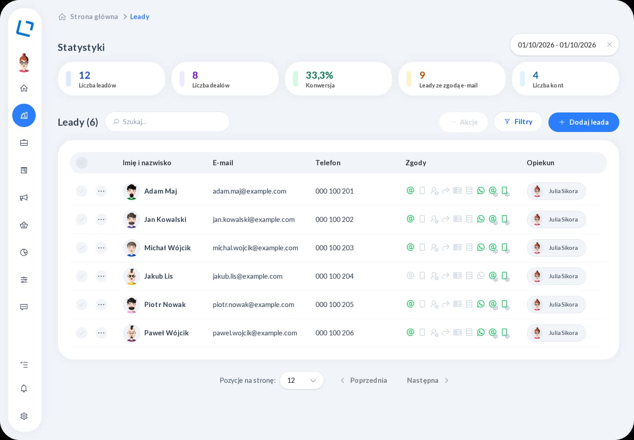 oroom.one CRM contact list with statistics, filters, consents and account owners