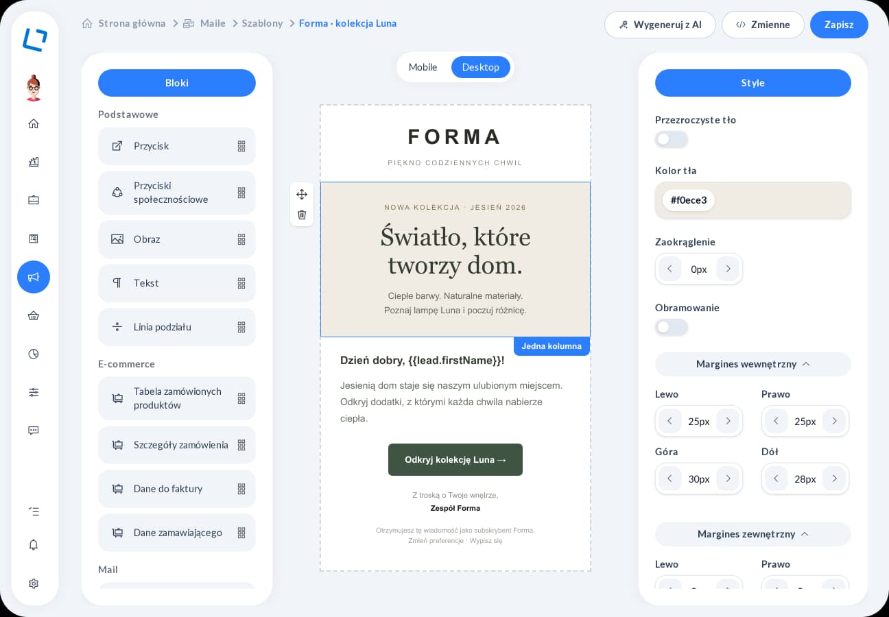 oroom.one drag and drop email editor with a message template preview