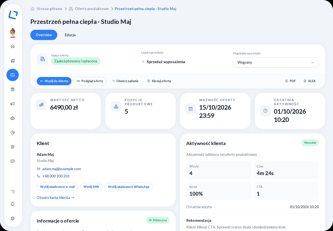 oroom.one proposal overview with status, sales stage and customer activity
